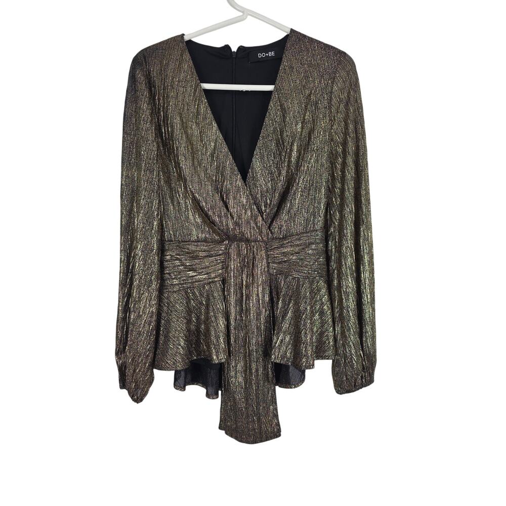Do+Be New Years Party Top S Womens Gold Shimmer‎ Long Sleeve Deep V Coquette